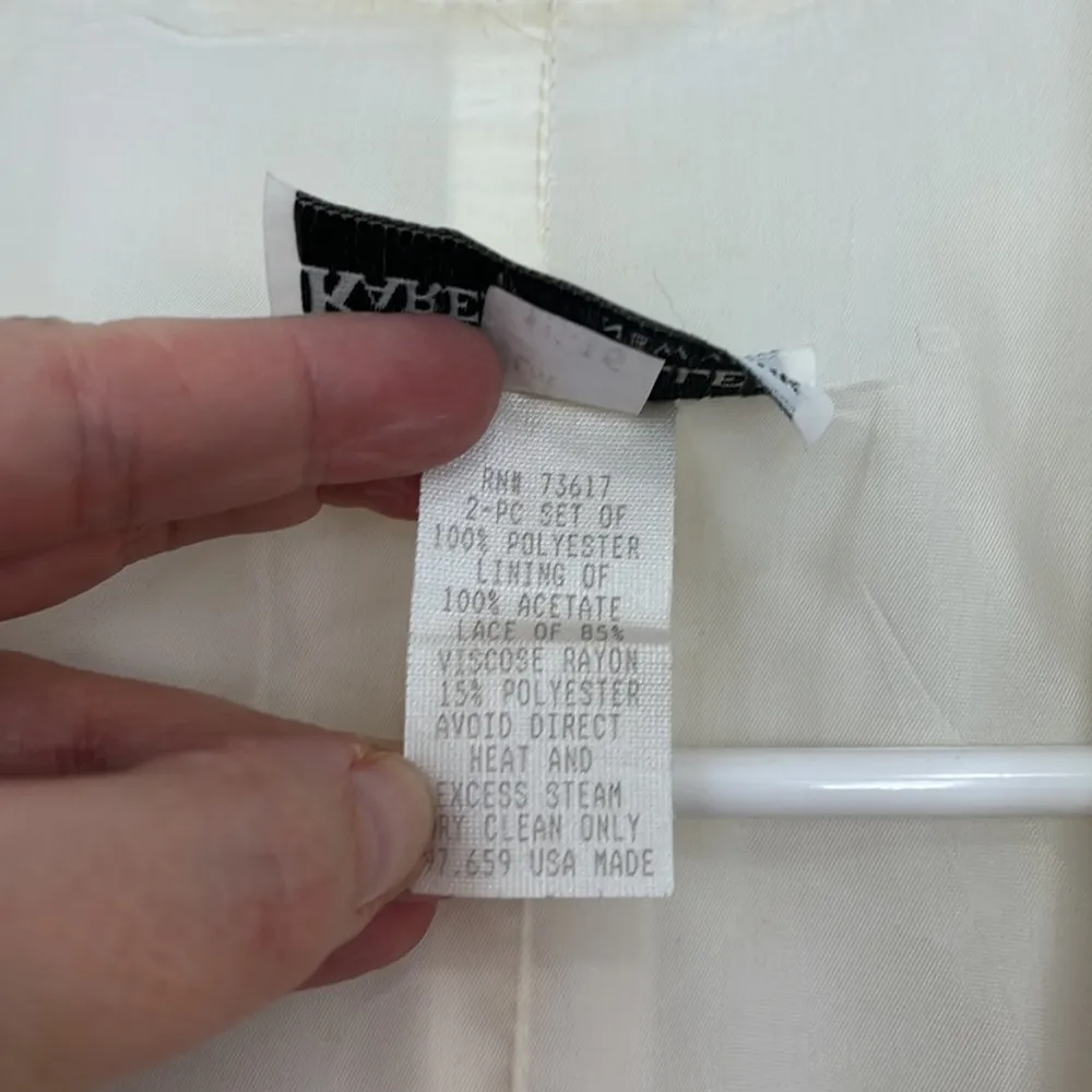 Vintage Karen Miller 80s Med Beige Cream Lace Short Sleeve Button Formal Jacket - Image 8