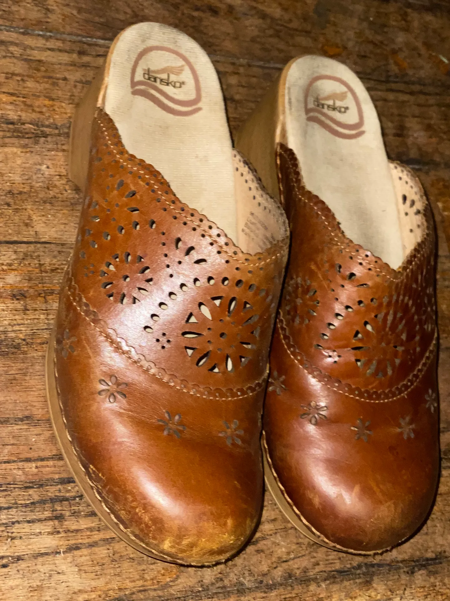 Dansko Skylar Laser Cut Out Brown Leather Mules Clogs - Image 6