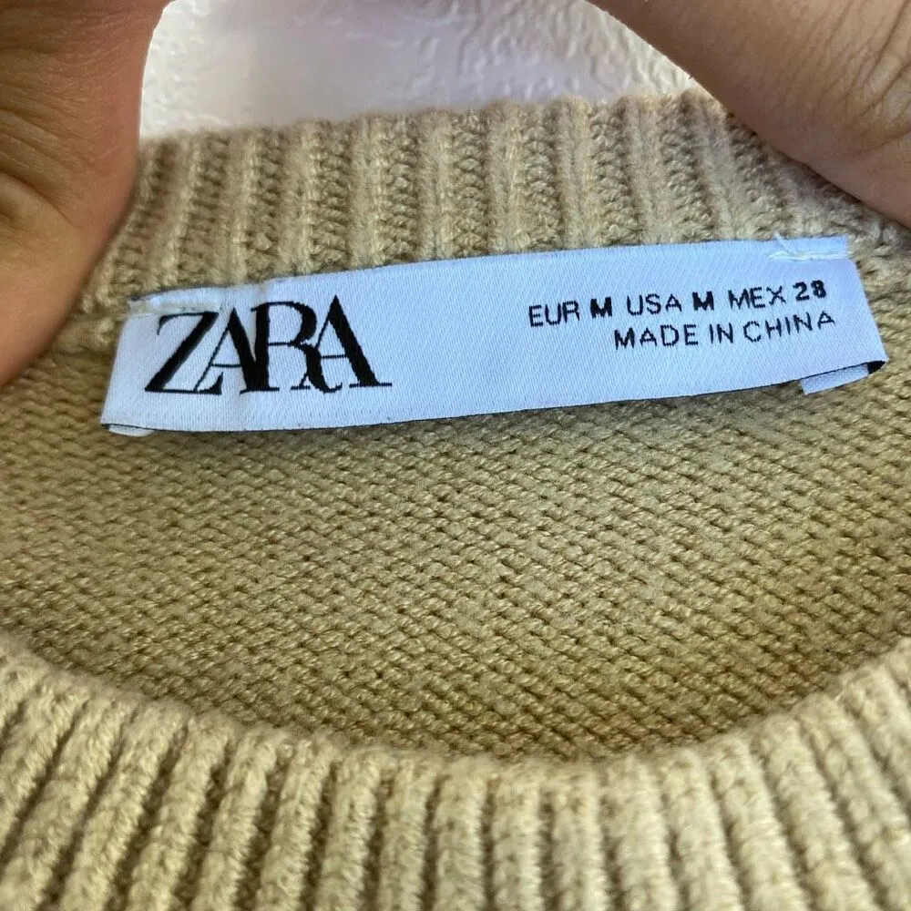 Zara Tan Short Sleeve Knit Sweater Top Women’s Medium - Image 3