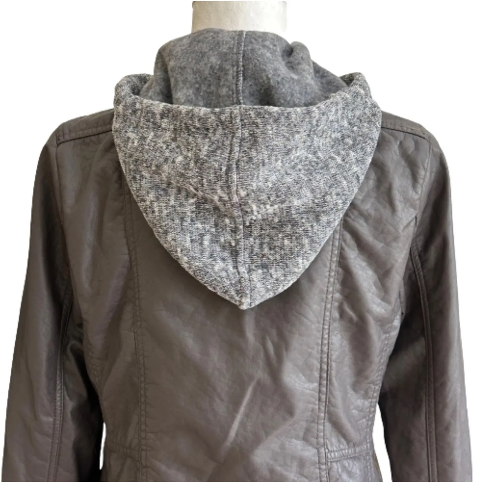 Jou Jou Jacket Gray Faux Leather Detachable Hood Fitted Pockets Moto Coat Medium - Image 10