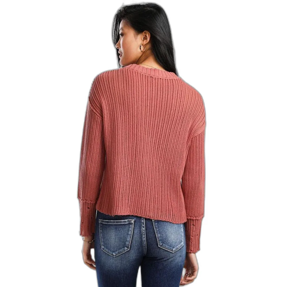 BKE | Pointelle Tank & Cardigan Sweater Set Distressed in Deep Peach Size Medium - Image 3