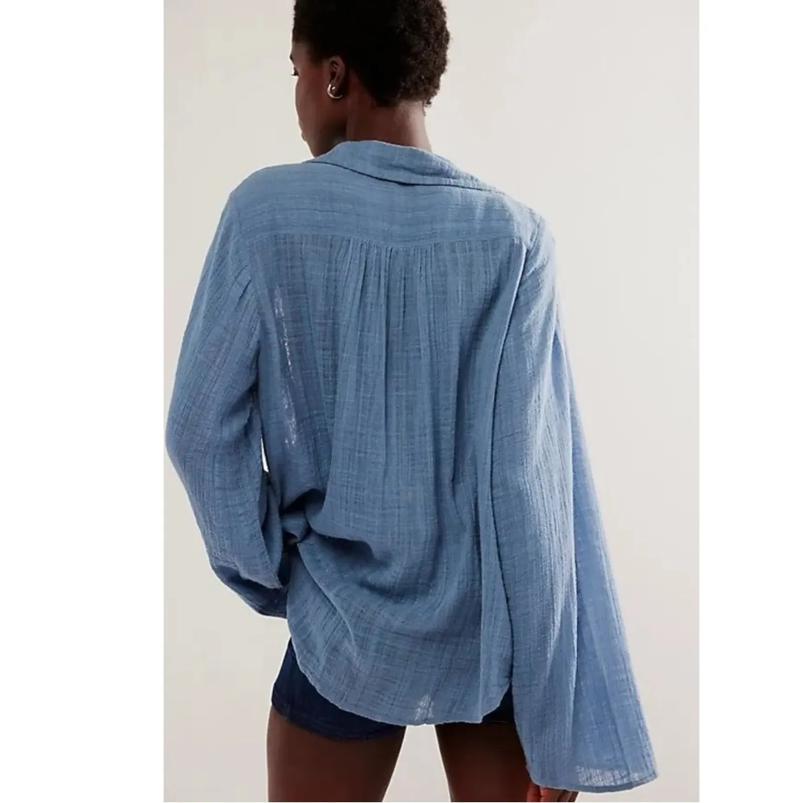 Free People FP One Mila Shirt Blue Ethereal Dainty Romantic Lace Gauze Medium - Image 4