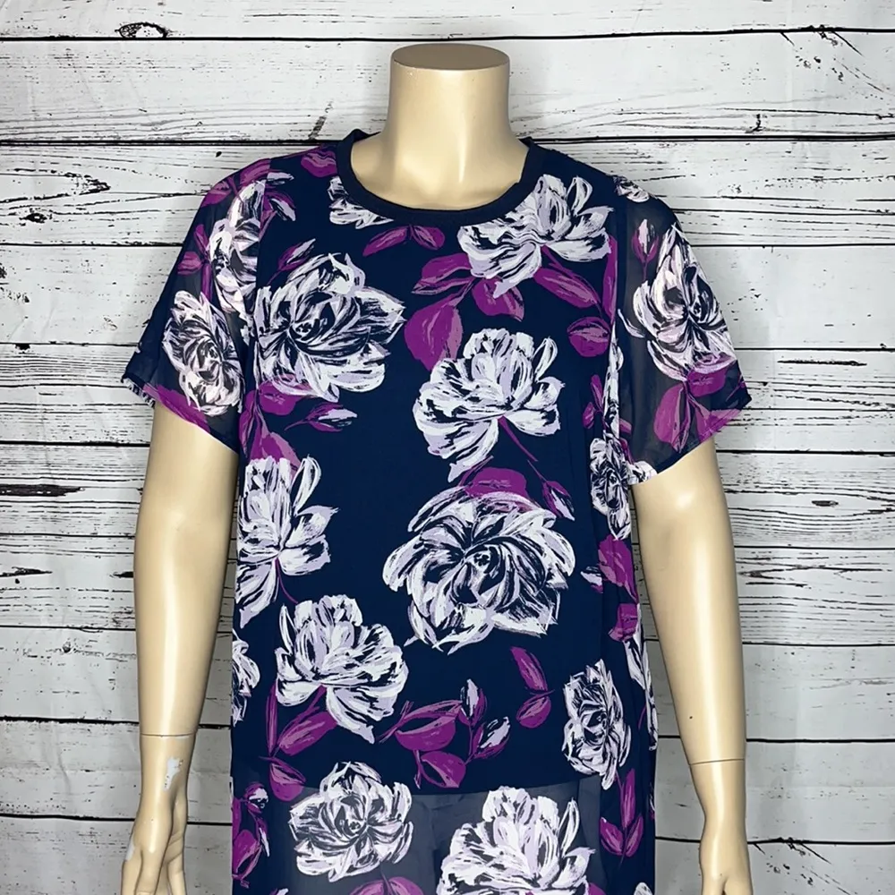 Alfani Woman NWT 0X Navy - Purple Floral Print Chiffon Overlay Tunic Blouse Top - Image 2