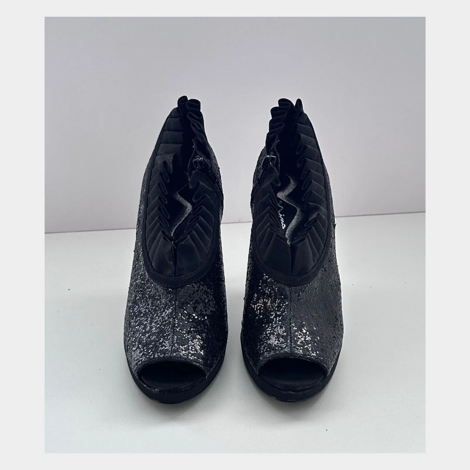 Nina Eveline Sz 8.5 Formal Cocktail Party Mob Wife Pump Sequin Ruffle High Heels Black - Image 6