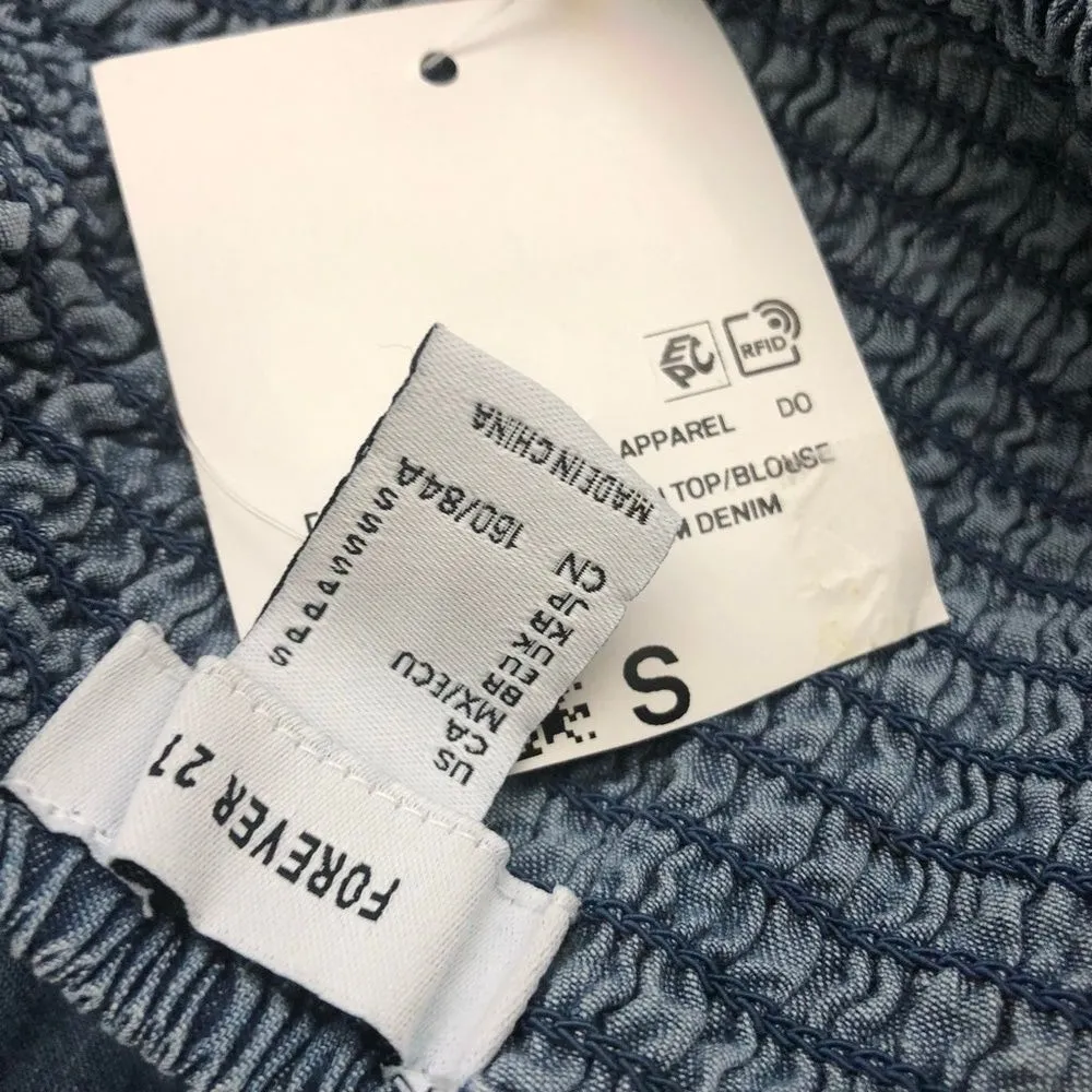 Forever 21 Cropped Chambray Blue Top Tie Front Long Sleeve Small - Image 10