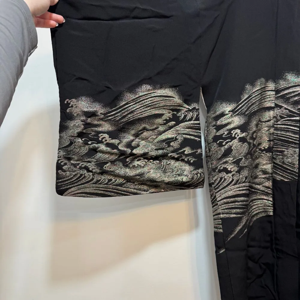 Haori Jacket Vintage‎ 50s 80s Black Gold Silver Mountain Landscape Silk Kimona Size XL - Image 2