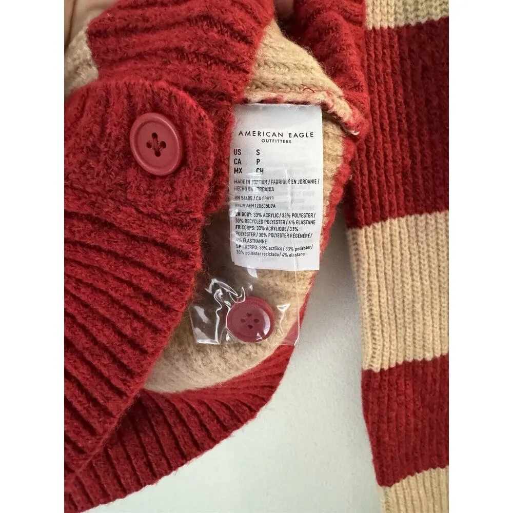 NWT American Eagle Red Beige Striped Button Front Cropped V Neck Cardigan Small - Image 5