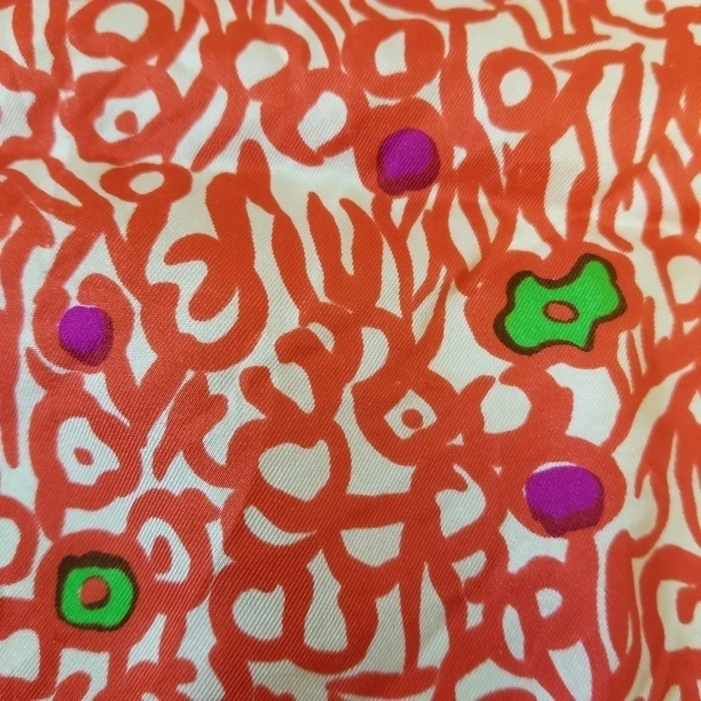 {26" X 26"} Vintage Givenchy Paris Scarf Abstract Orangy-Red Green Purple White - Image 7