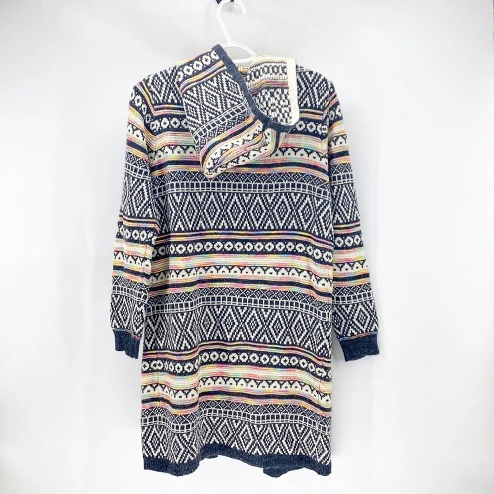 Monteau Blue Intarsia Knit Open Front Hooded Duster Knee-Length Cardigan size S - Image 2