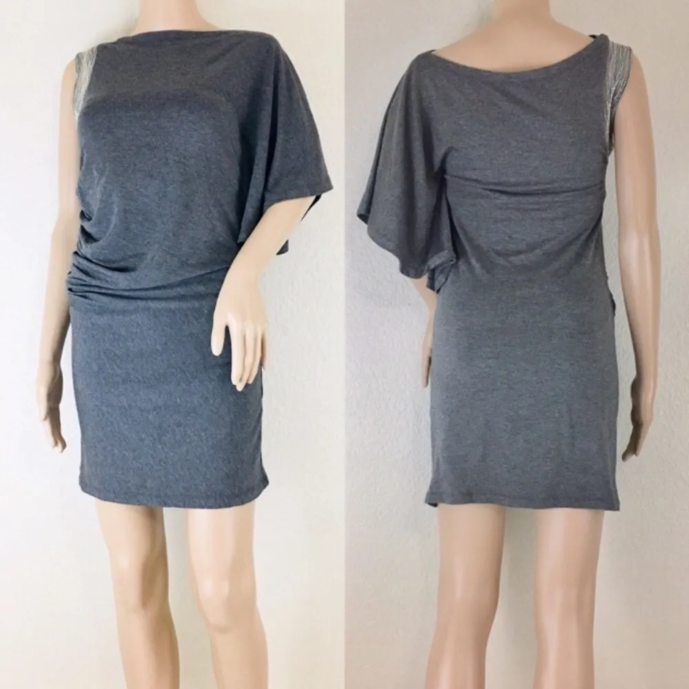 Celine Gray One Sleeve Ruched Mini Dress - Image 3