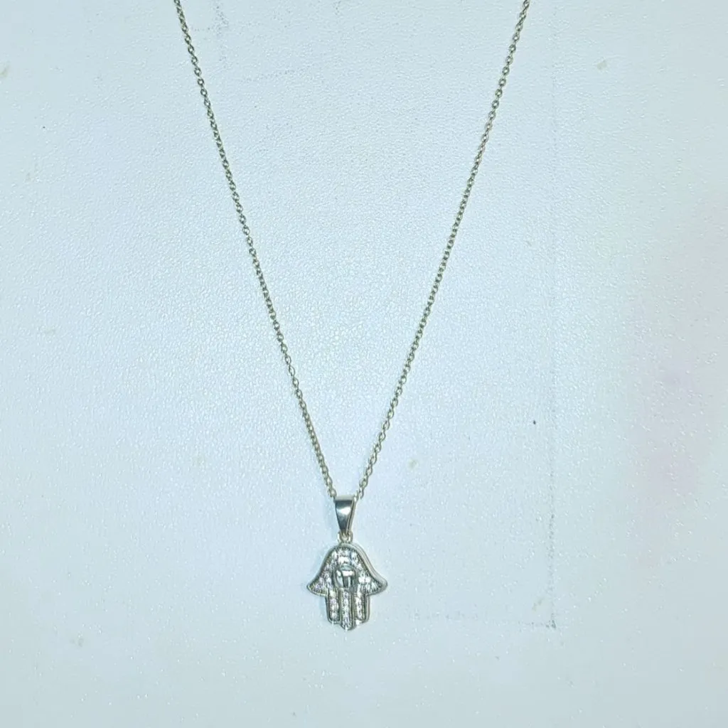 Hamsa Hand Pendant Necklace Gold Plated 925 Silver Rhinestone Accents 18 Chain - Image 8