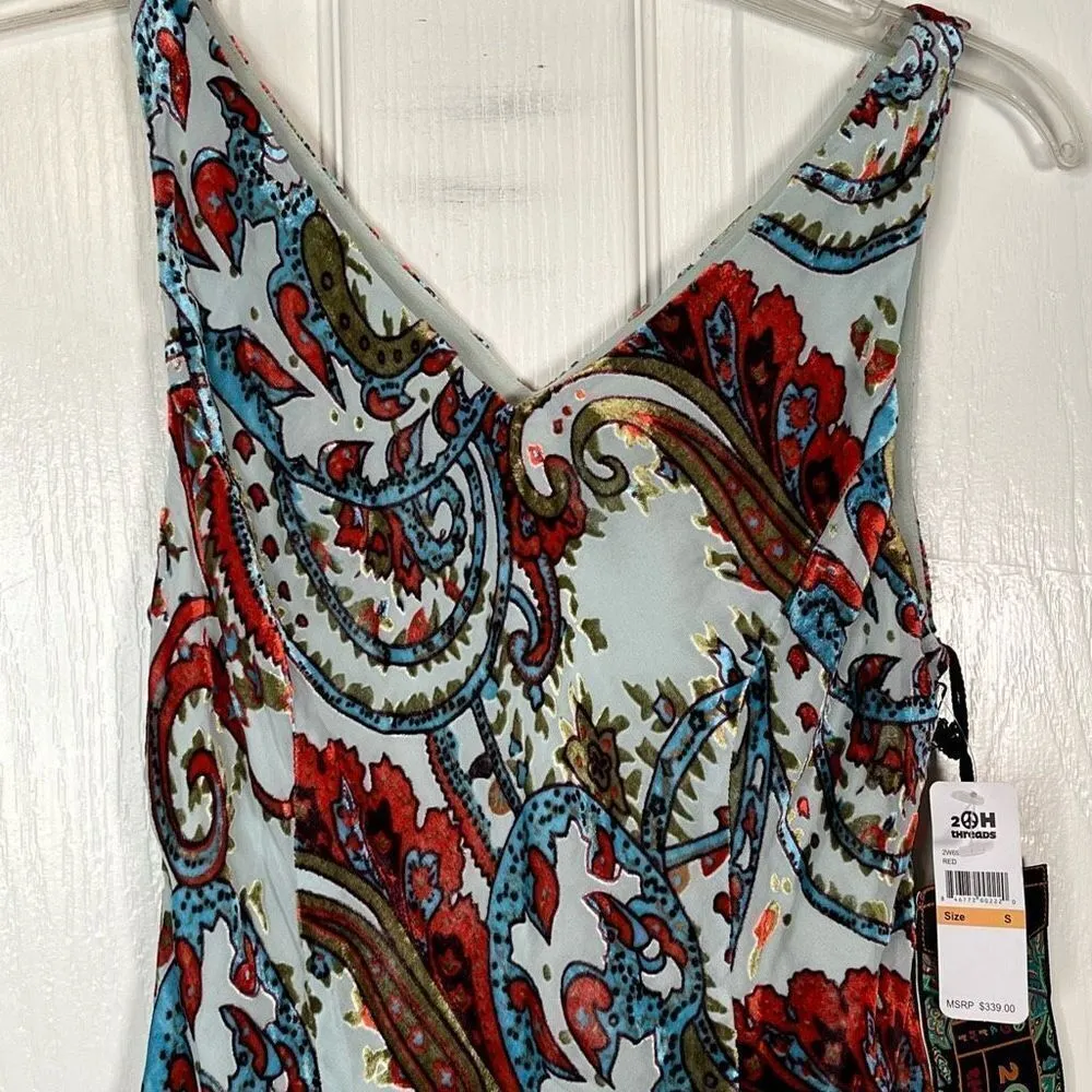 2OH Two Old Hippies Jean Marie Velour Paisley Print Maxi Dress Sz S Blue Red Boh - Image 3