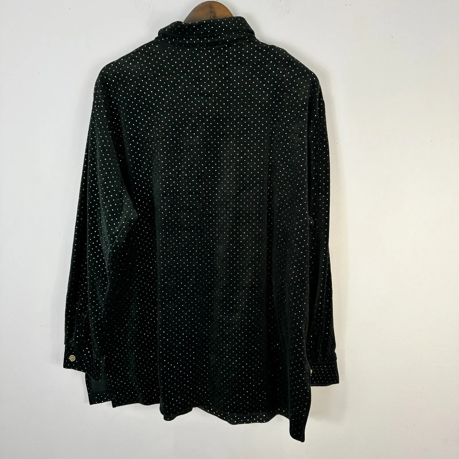 Susan Graver Black Velvet Button Up Shirt Womens 1X Gold Polka Dot Retro Glam - Image 2