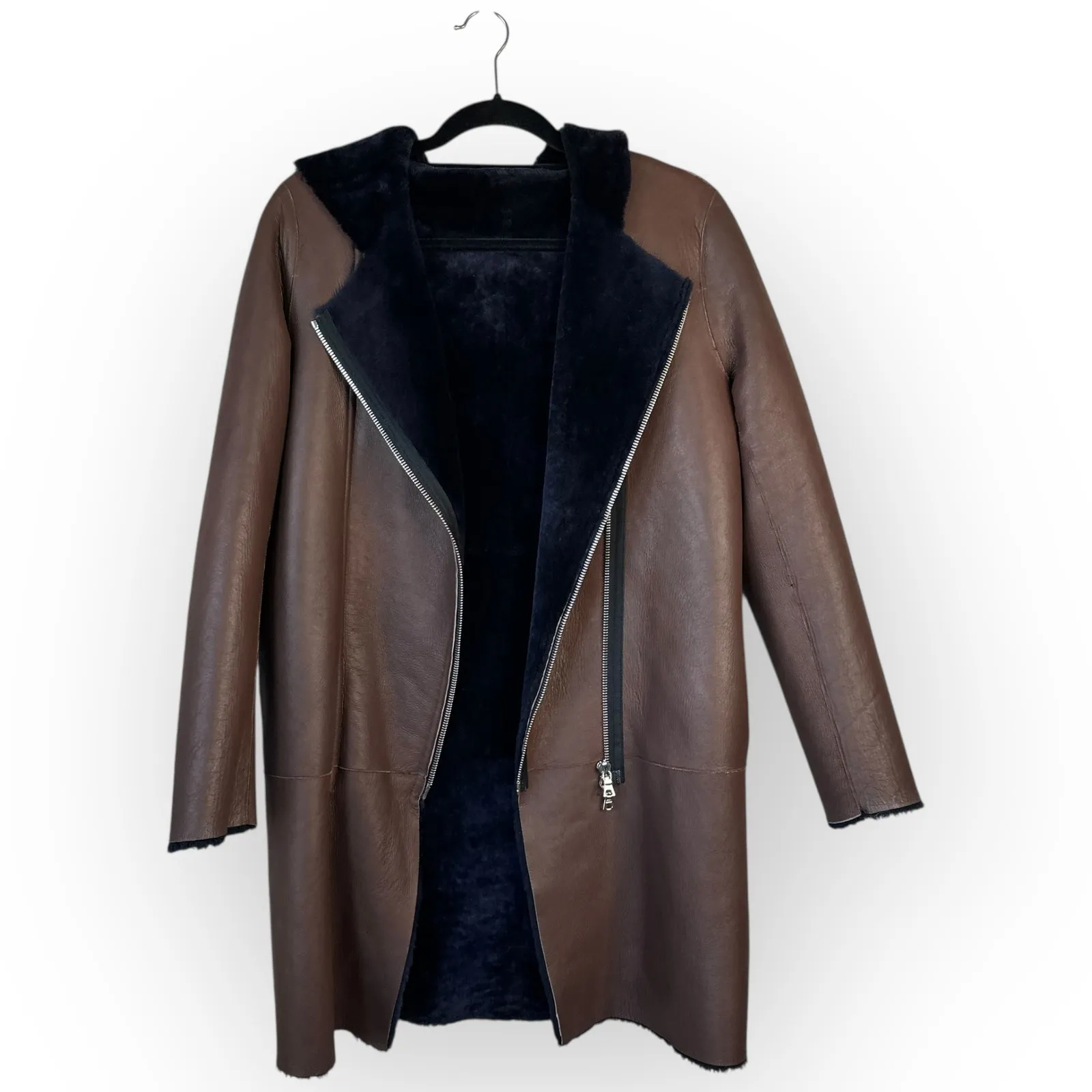 SANDRO Long Lamb Leather Shearling Coat Reversible Size Medium Brown Luxury Moto - Image 11