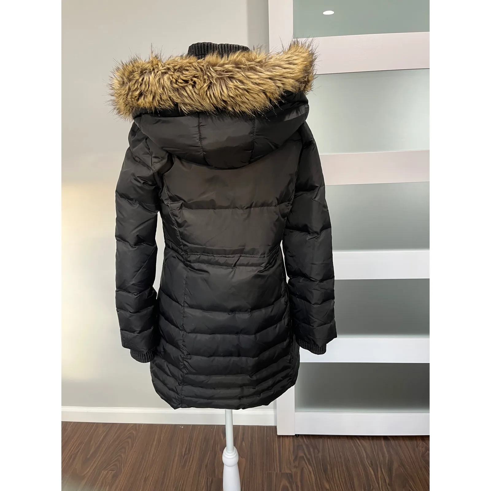 DKNY Down Puffer Coat Faux Fur Hood Black Women's Size S - Image 4