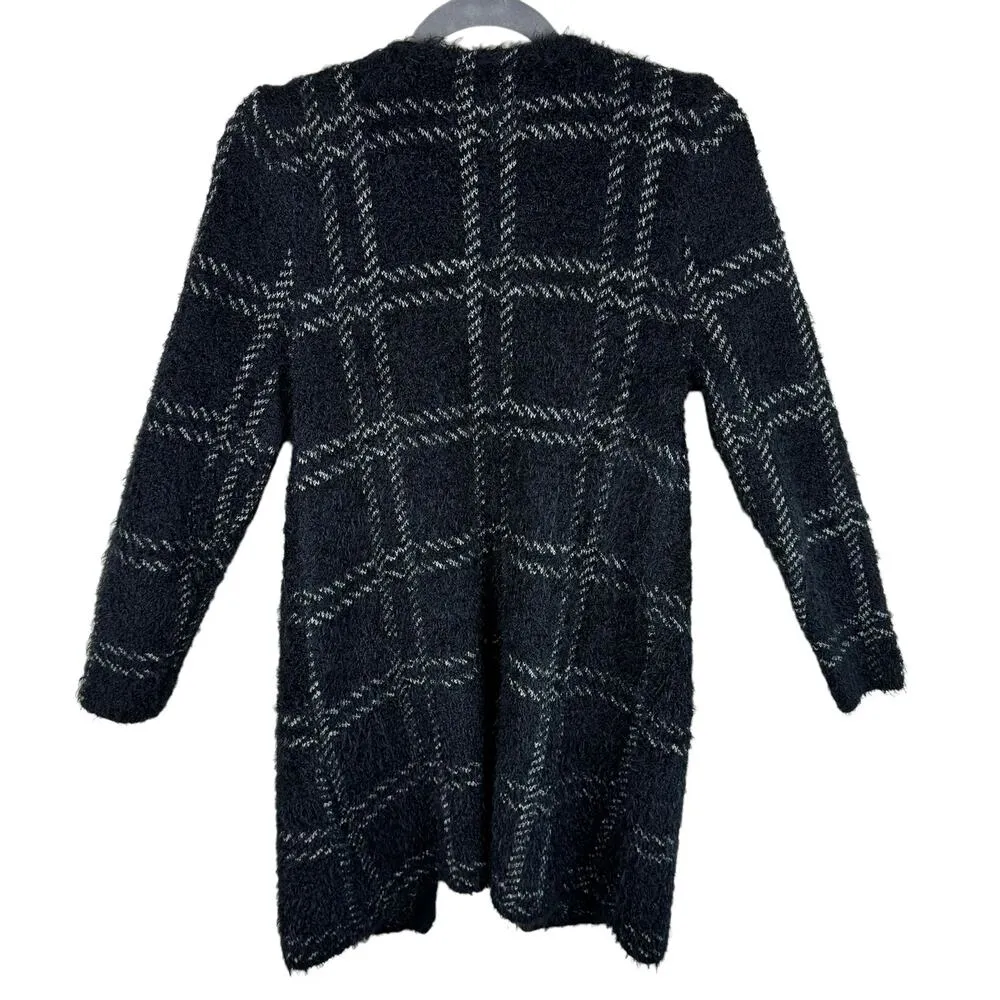 A. Moon Black White Checkered Long Sleeve Fuzzy Cardigan Pockets Size S - Image 2