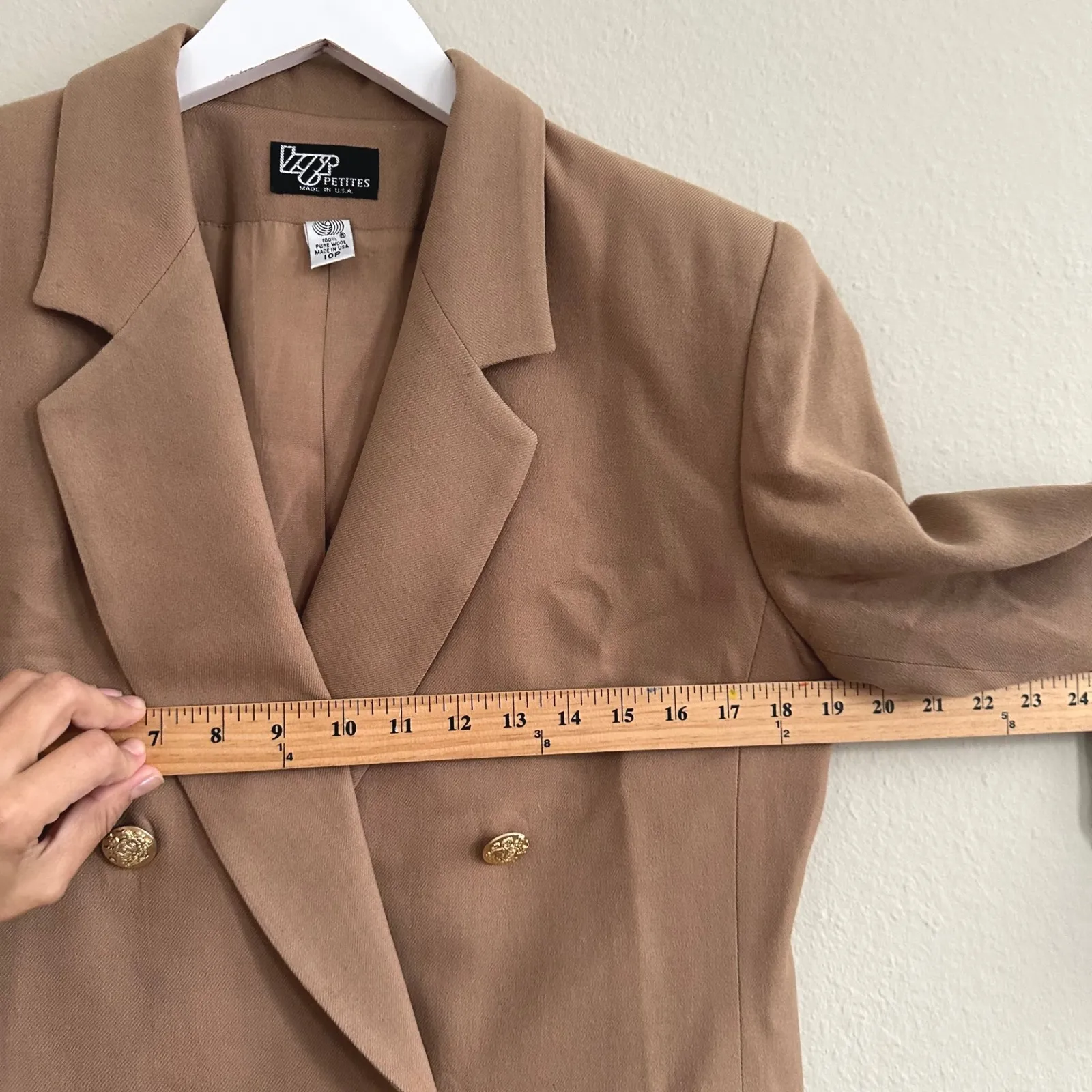Vintage 100% Wool Camel Double Breasted Blazer 10P Made in USA Gold Button‎ Tan - Image 9