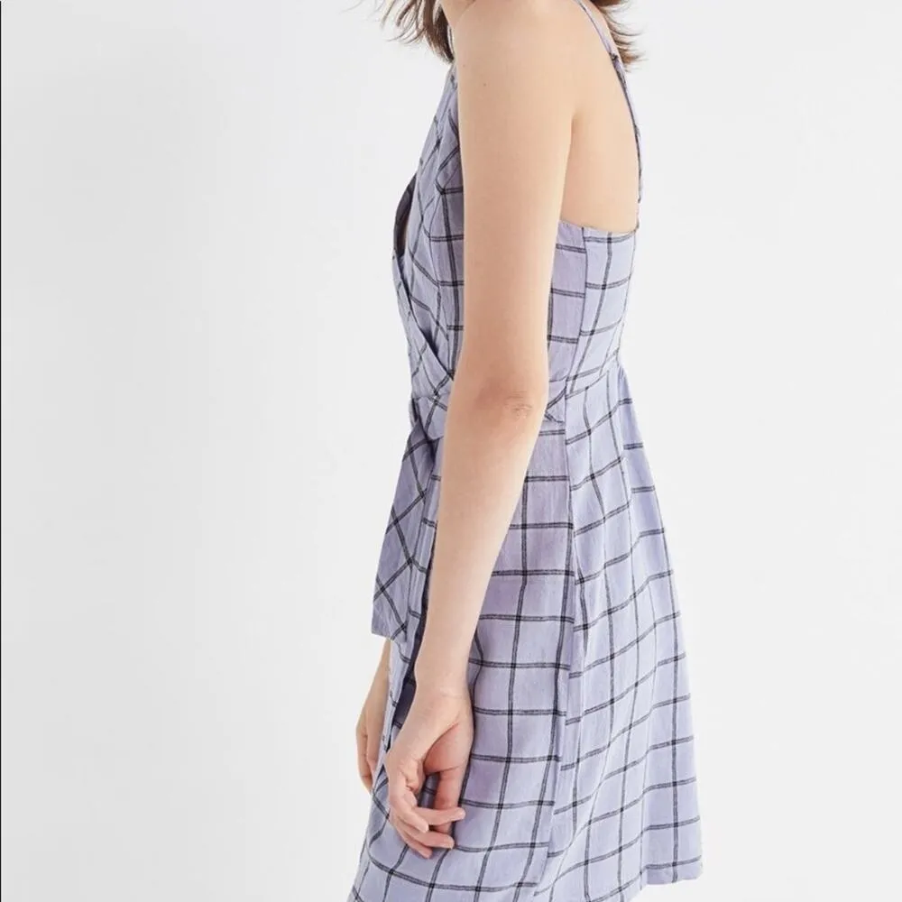Urban Outfitters Amanda Linen Mini Dress XS Purple Plaid Check Belted Wrap - Image 9