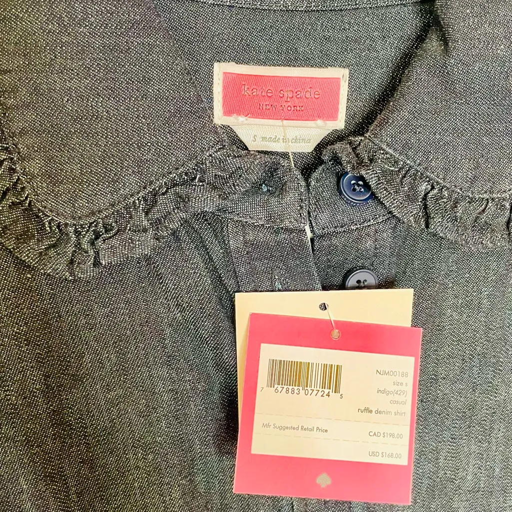 Kate Spade Ruffled Collar Indigo Denim Button Down Top - Image 4
