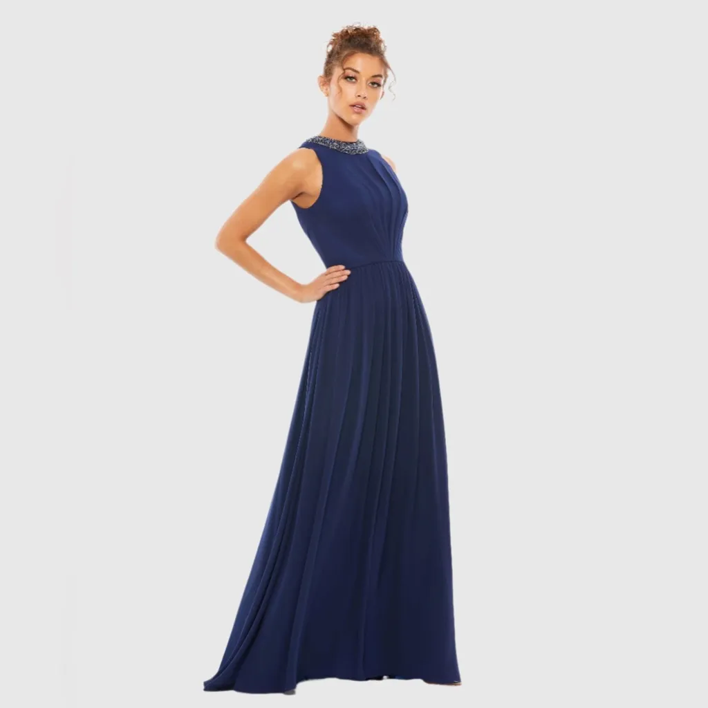 NWT Mac Duggal 55147 Navy Bejeweled Neckline Pleated Chiffon Gown MISMARKED SIZE - Image 3
