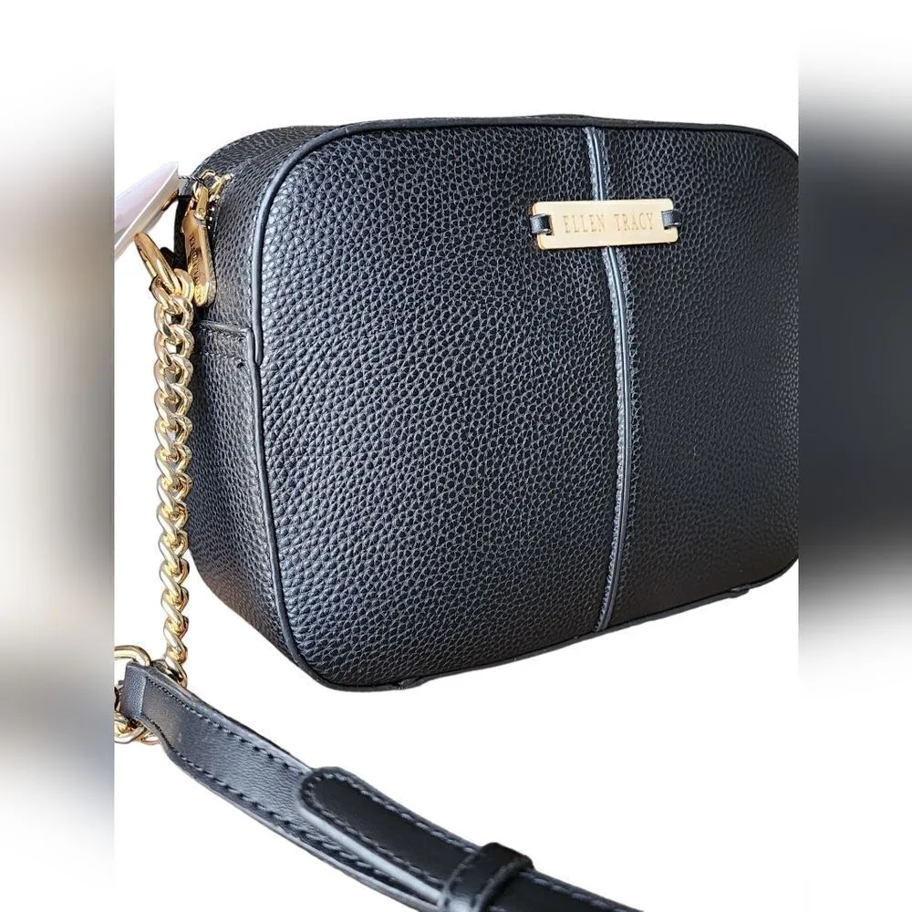 NEW Ellen Tracy Octavia Women's Black Pebbled Leather Gold‎ Chain Crossbody Bag - Image 2