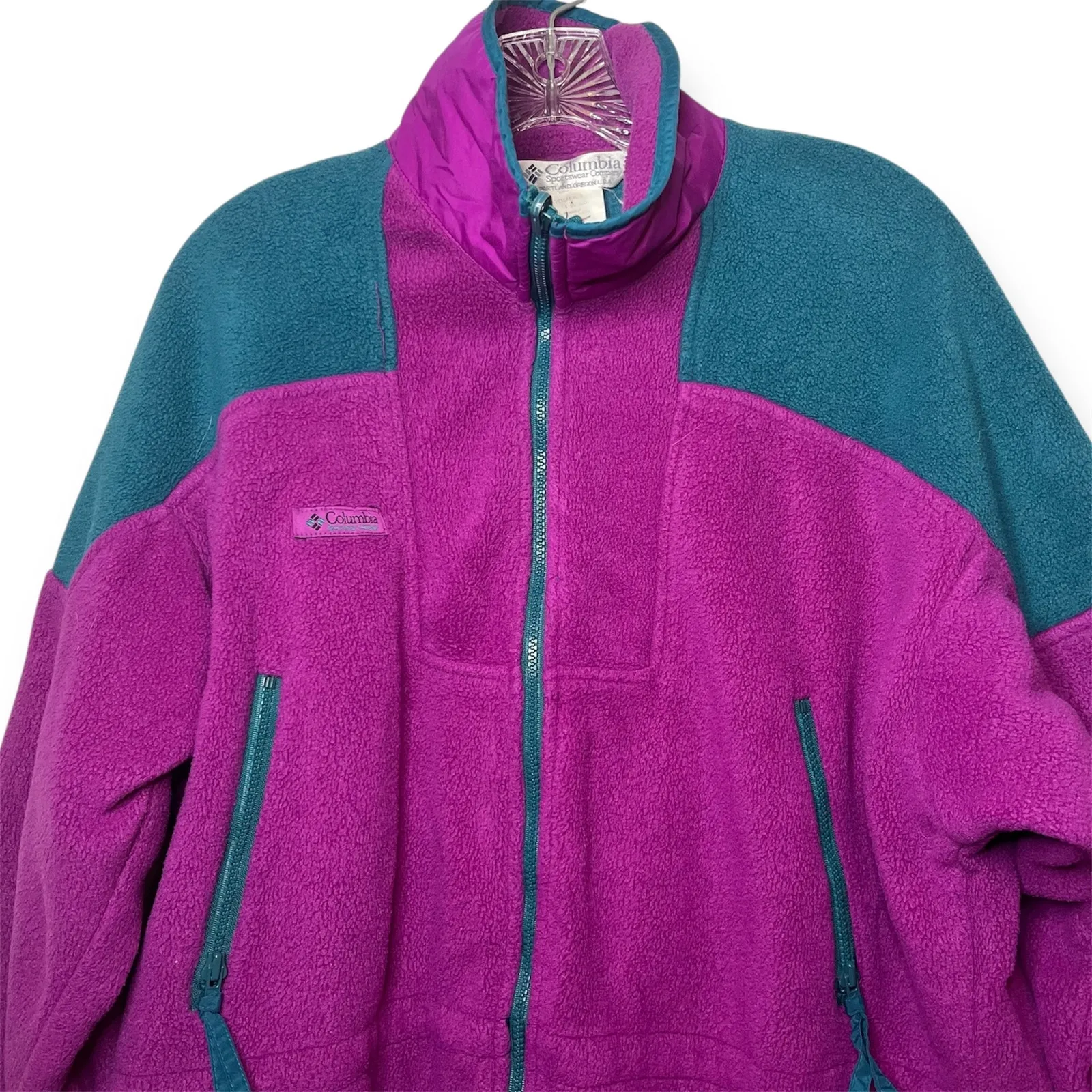 Vintage Columbia Two-Tone Fleece Jacket Purple Green Full Zip Retro Outdoor XL - Image 4