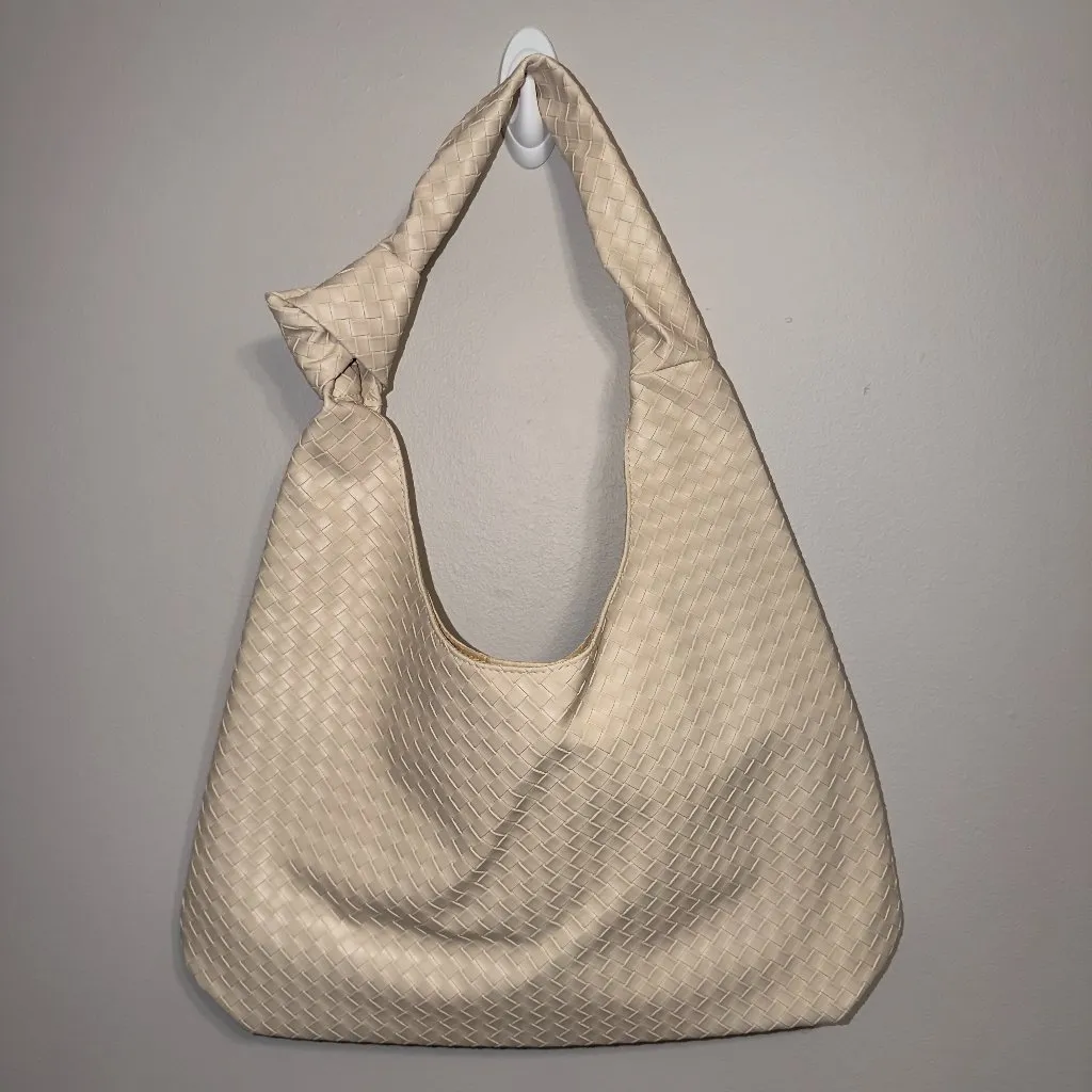 NEW Cream Woven Hobo Bag Soft Slouchy Shoulder Purse Neutral Tan - Image 2