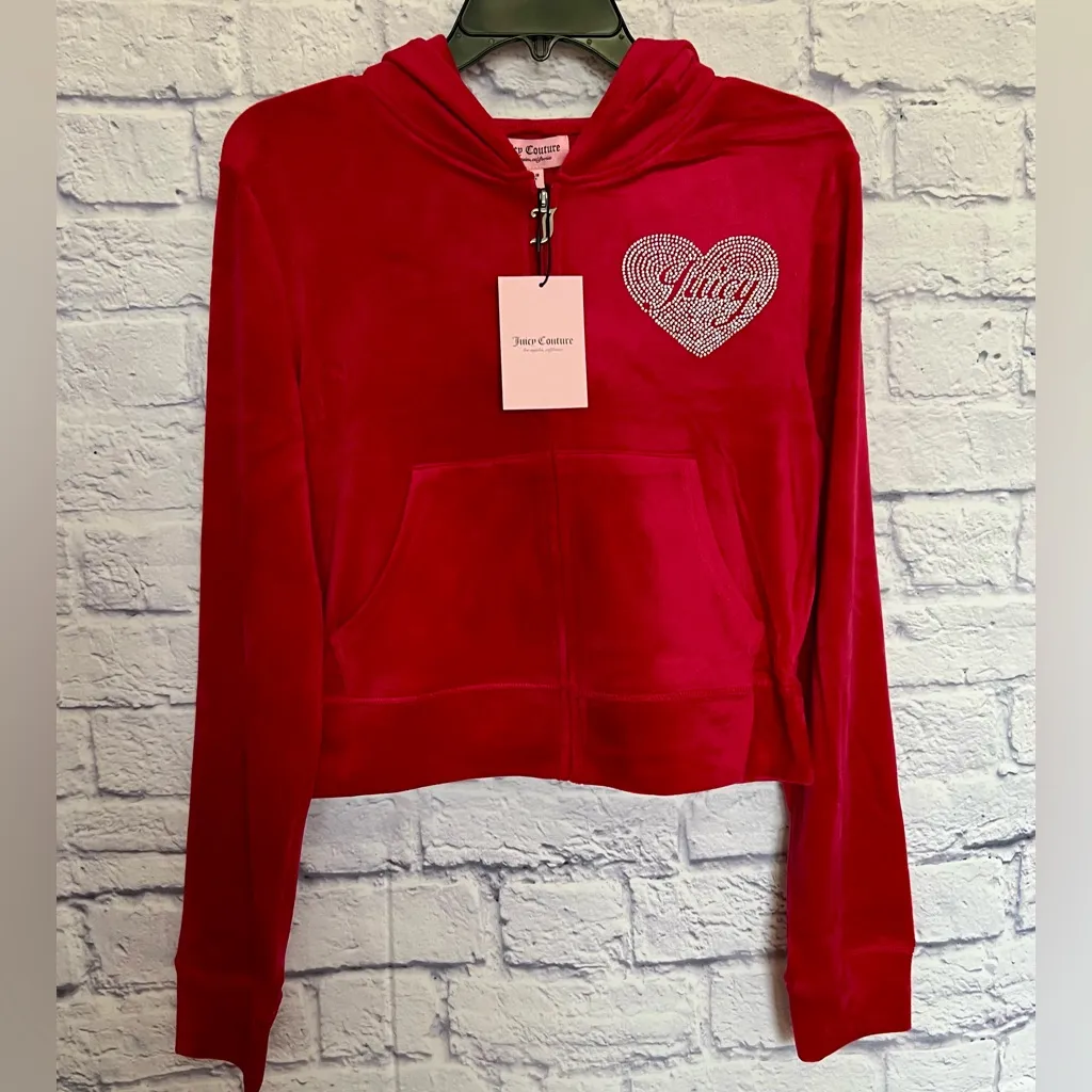 🔥JUICY COUTURE Velour Tracksuit Hoodie & Pants Flash Red Bling Heart Logo MEDIUM - Image 3