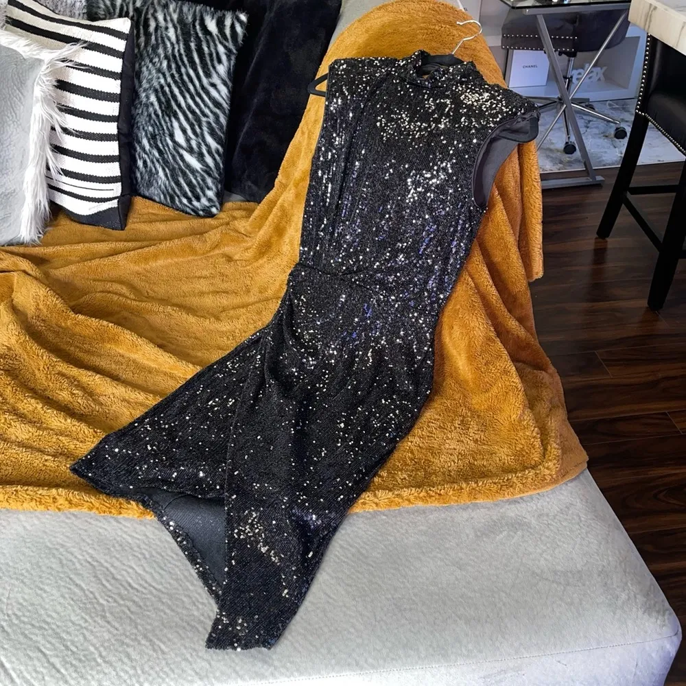 Express Sequin Asymmetrical Mock Neck Dress in Black - Image 7