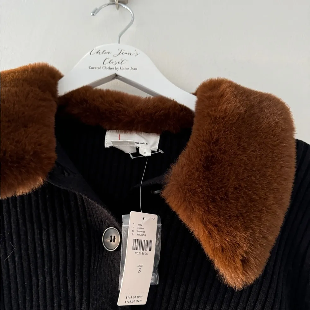 ANTHROPOLOGIE NWT Black Faux Fur Collared Cardigan Sweater S - Image 7