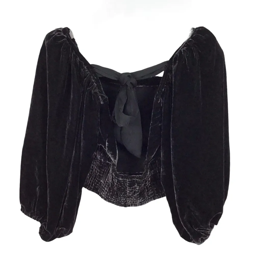 Free People Maria Black Velvet Puff Sleeve Tie Back Crop Top Size XS - Image 8