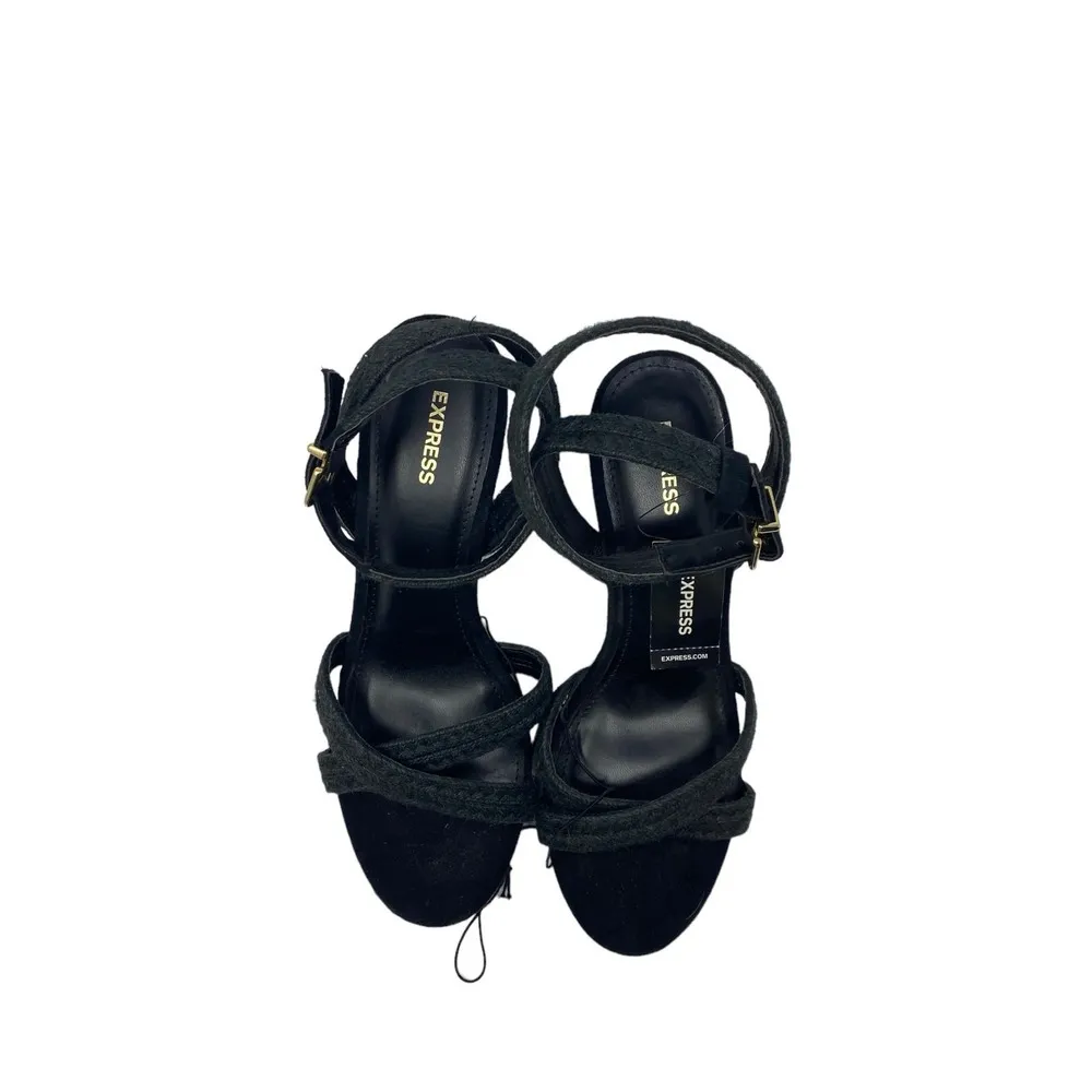 NWT Express Wedge Sandals 10 Womens Black Faux Suede Open Toe Ankle Modern Chic - Image 3