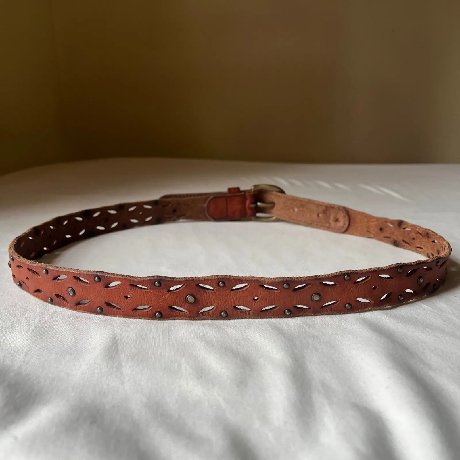 Y2K Abercrombie & Fitch Brown Leather Cutout Studded Belt Moose Stamp Size‎ M - Image 3