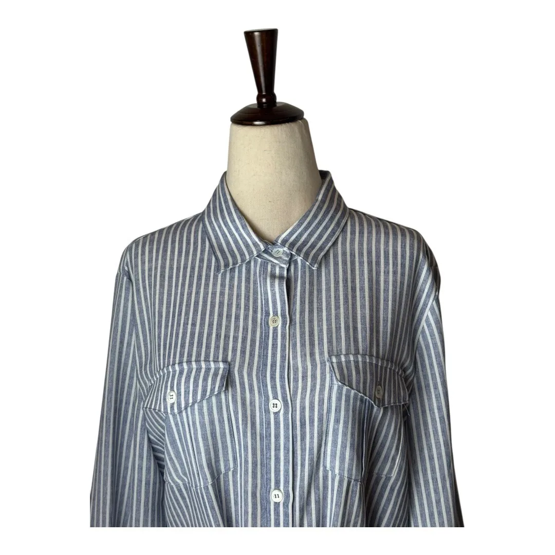 Joy Joy Dress Women Large Blue White Striped Button‎ Front Tie Waist Shirt NWT - Image 3