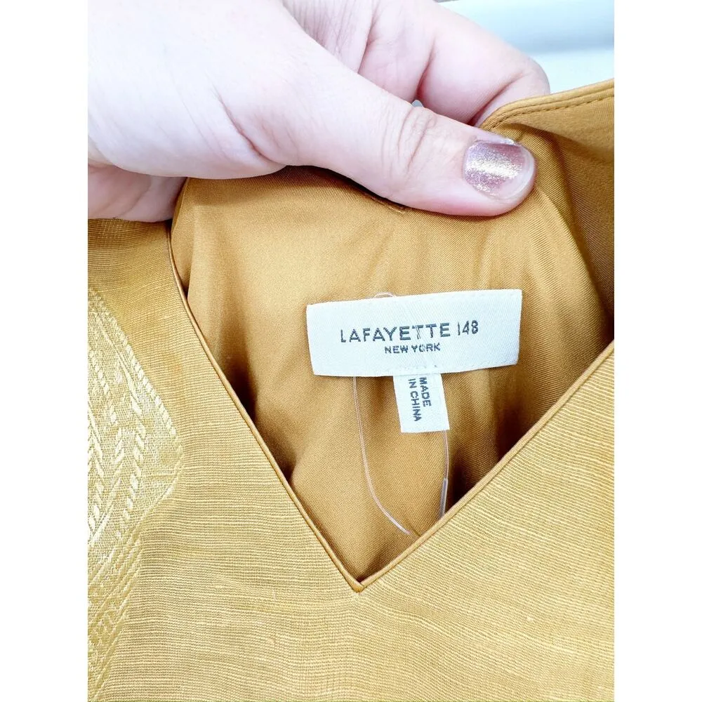 Lafayette 148 New York Lansing Leaf Linen & Silk Jacquard Yellow V-Neck Dress 10 - Image 9
