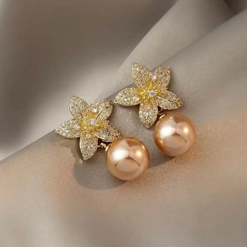 Beautiful Chic Elegant Cubic Flower‎ with Imitation Pearls, Dazzling Earrings Gold - Image 7