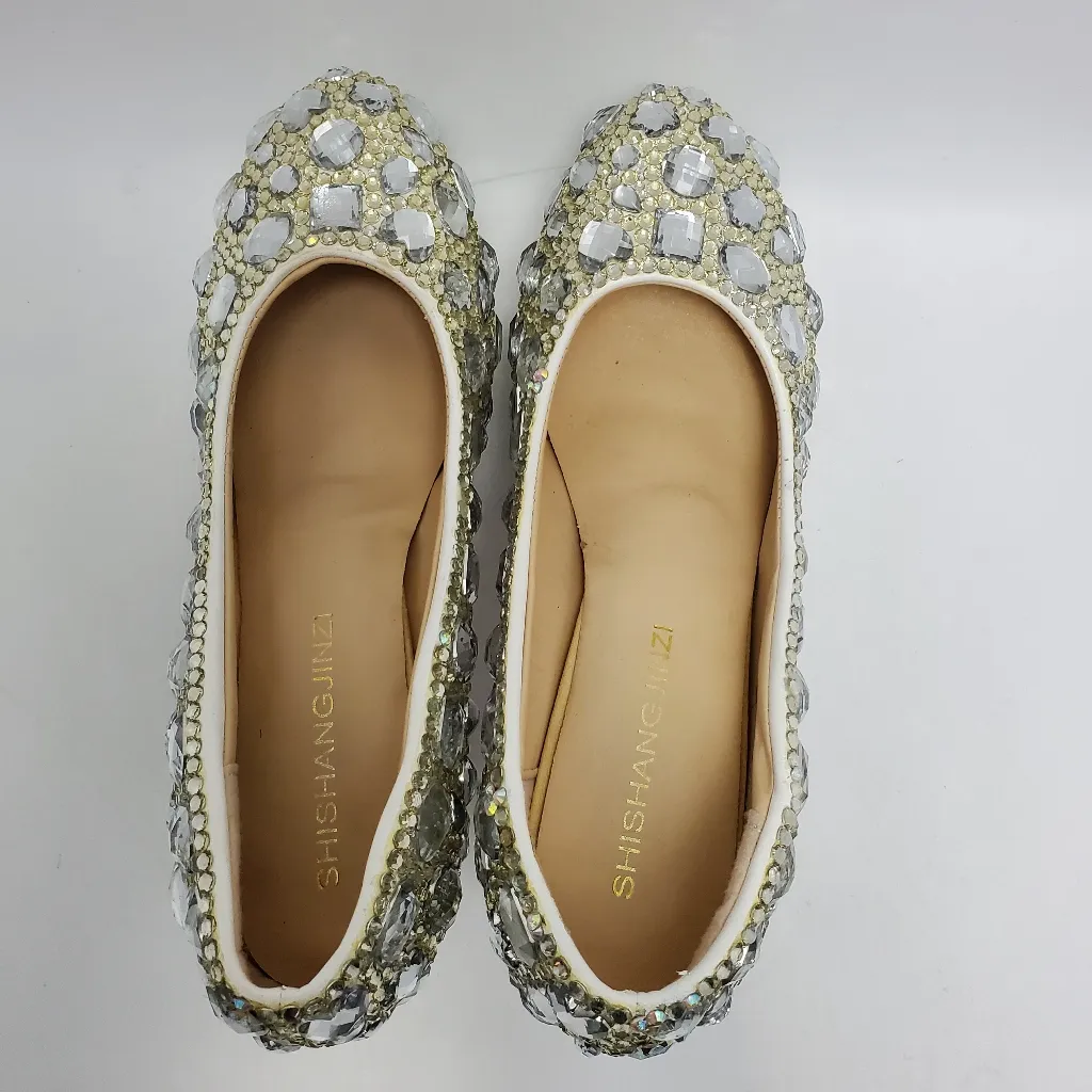 Cinderella Crystal Glass Rhinostones Beaded Wedding Heel Shoes Sz 42 Red Bottom Silver - Image 7