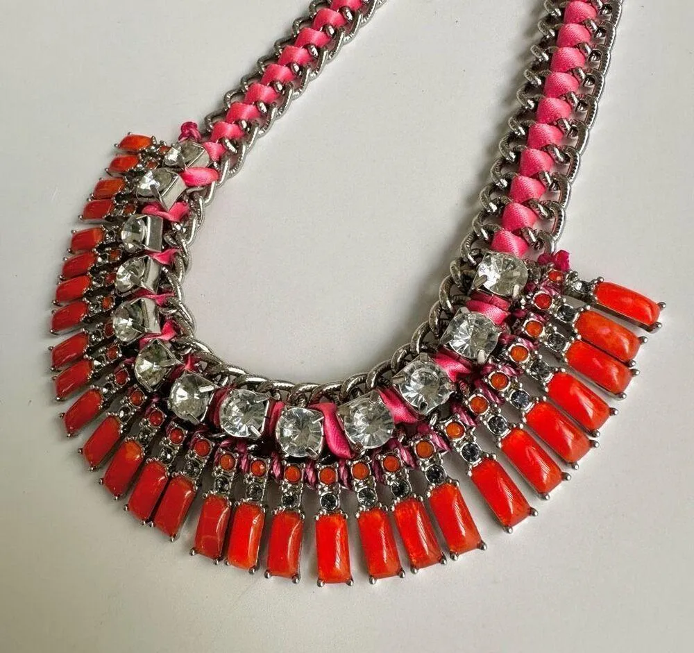 Ann Taylor Loft Rhinestone Pink Orange Summer neon silver necklace - Image 9