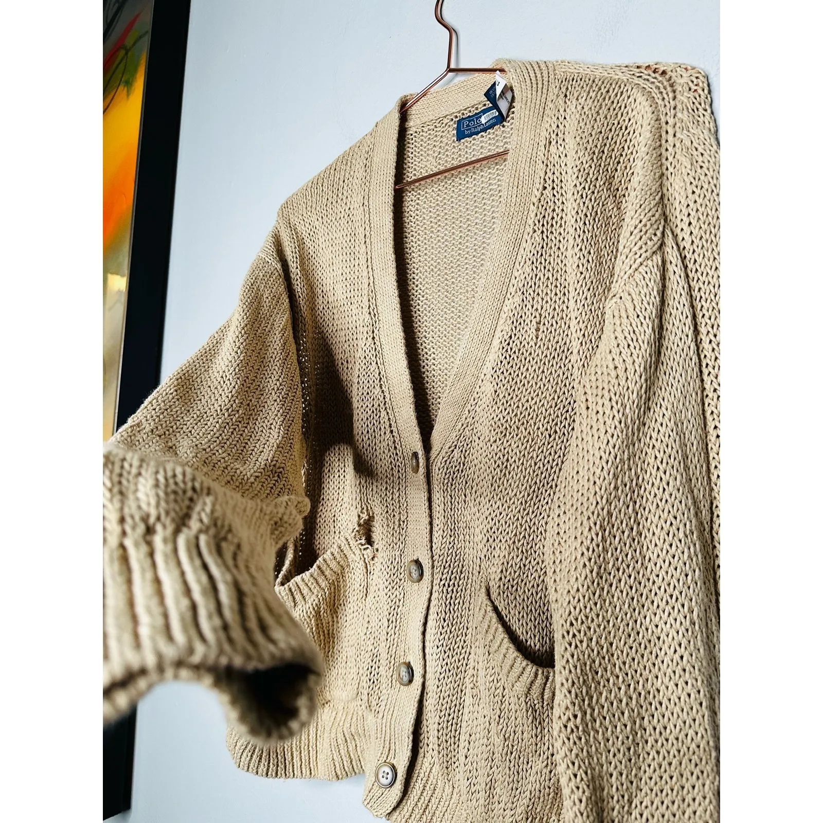 POLO RALPH LAUREN Brown Linen Knit Button Front Cardigan Sweater Size Large - Image 6