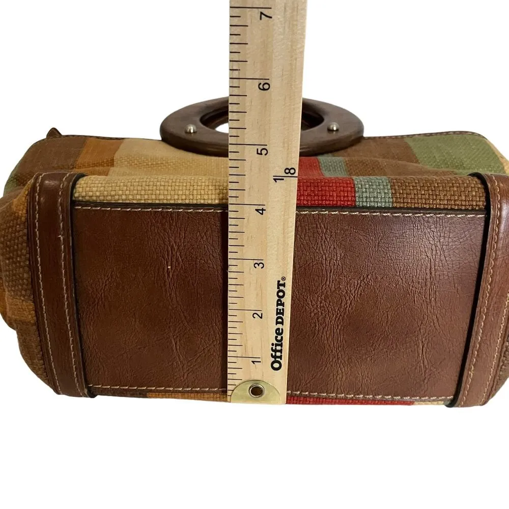 Fossil Multi Colored Striped Leather Trim Wood Handle Satchel Purse - Image 13