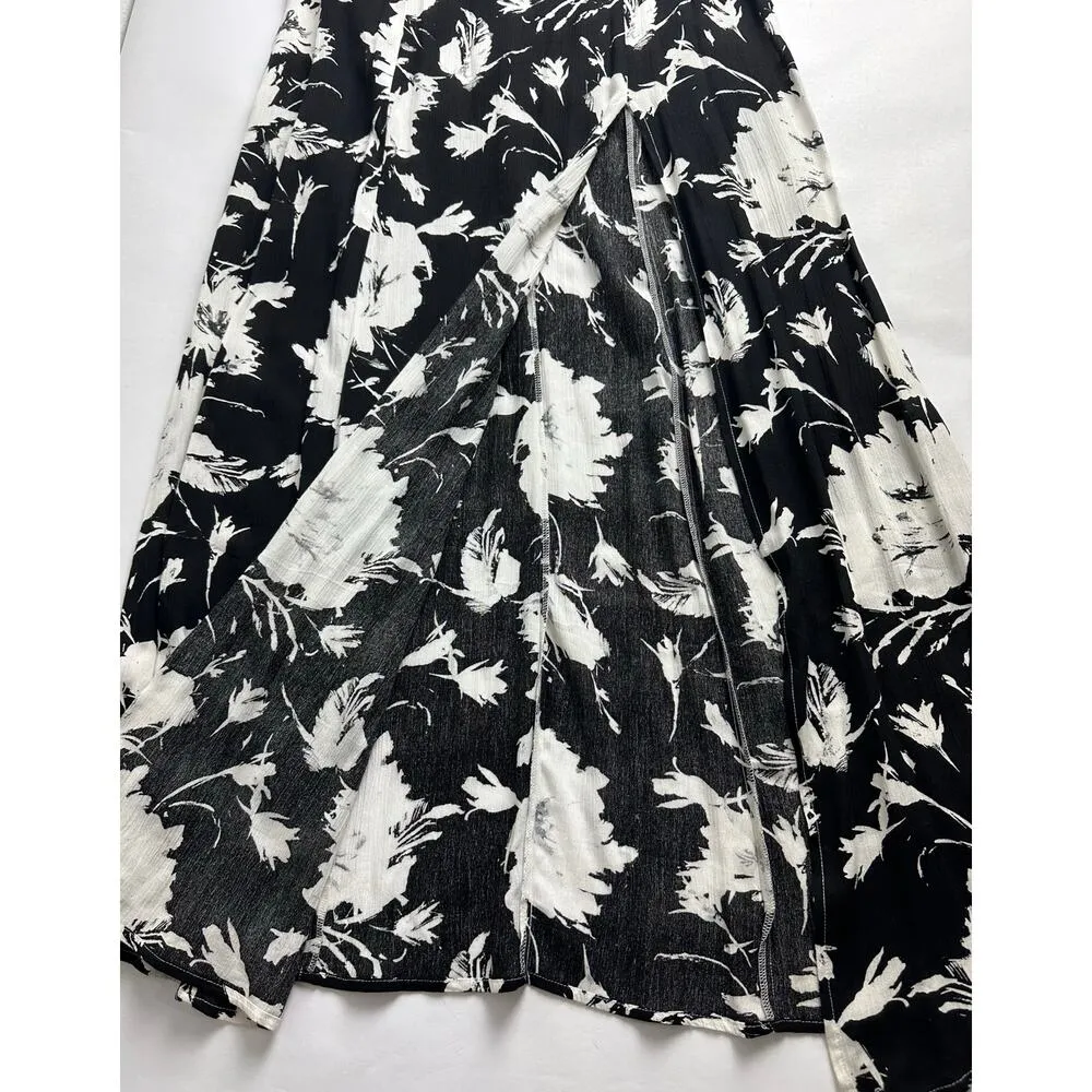 Rokoko Size Small Black and White Floral Maxi Dress Spaghetti Straps Drape Slit - Image 10