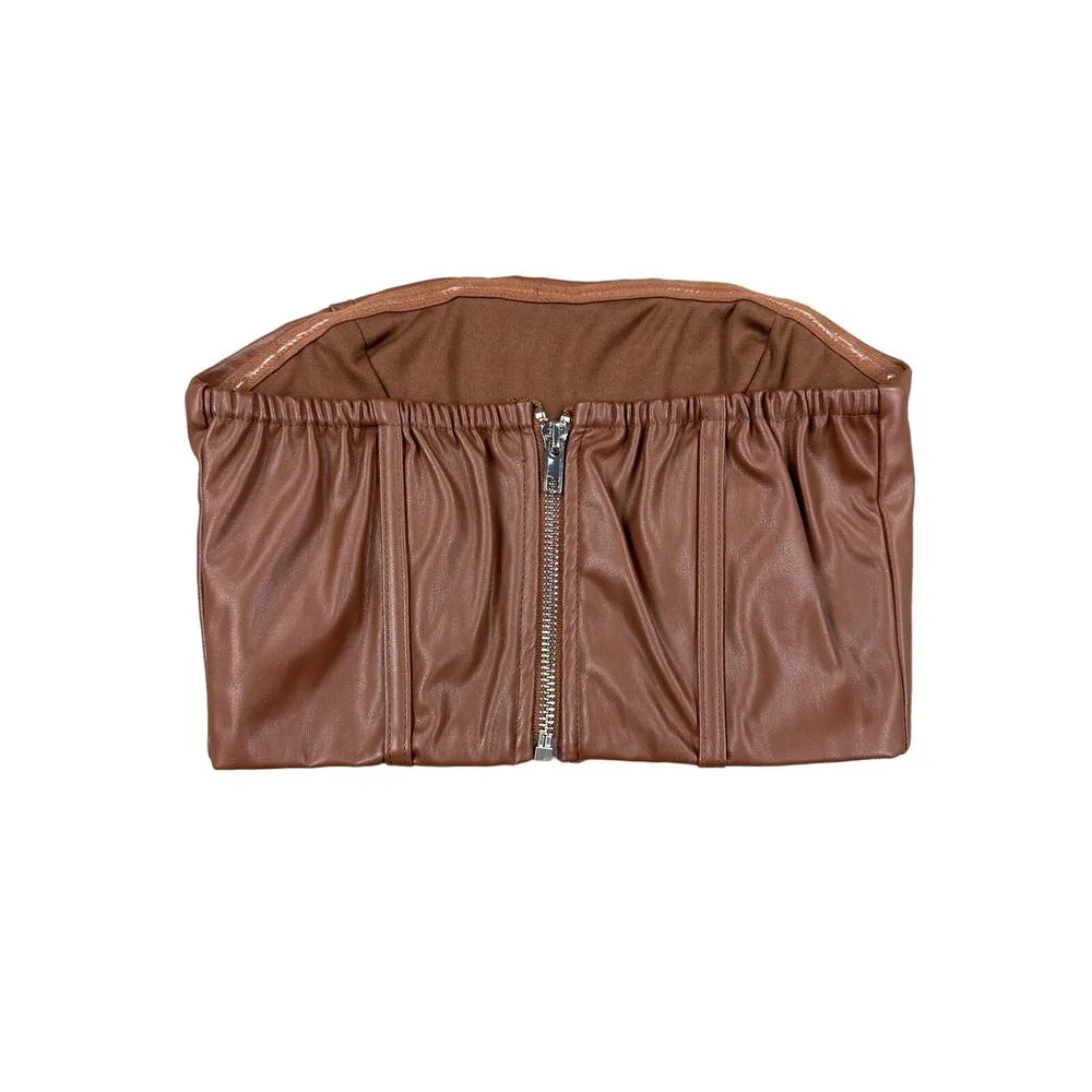 Princess Polly - Faux Leather Strapless Corset Crop Top in Brown - Image 3