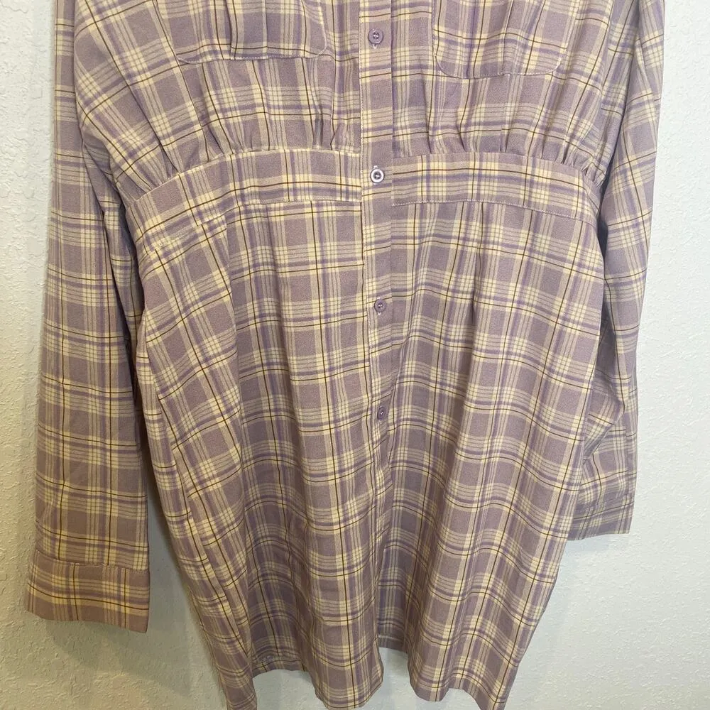 Pretty Little Thing Plaid Long Sleeve Button Down Lilac Shirt Dress NWT Sz 16 - Image 2