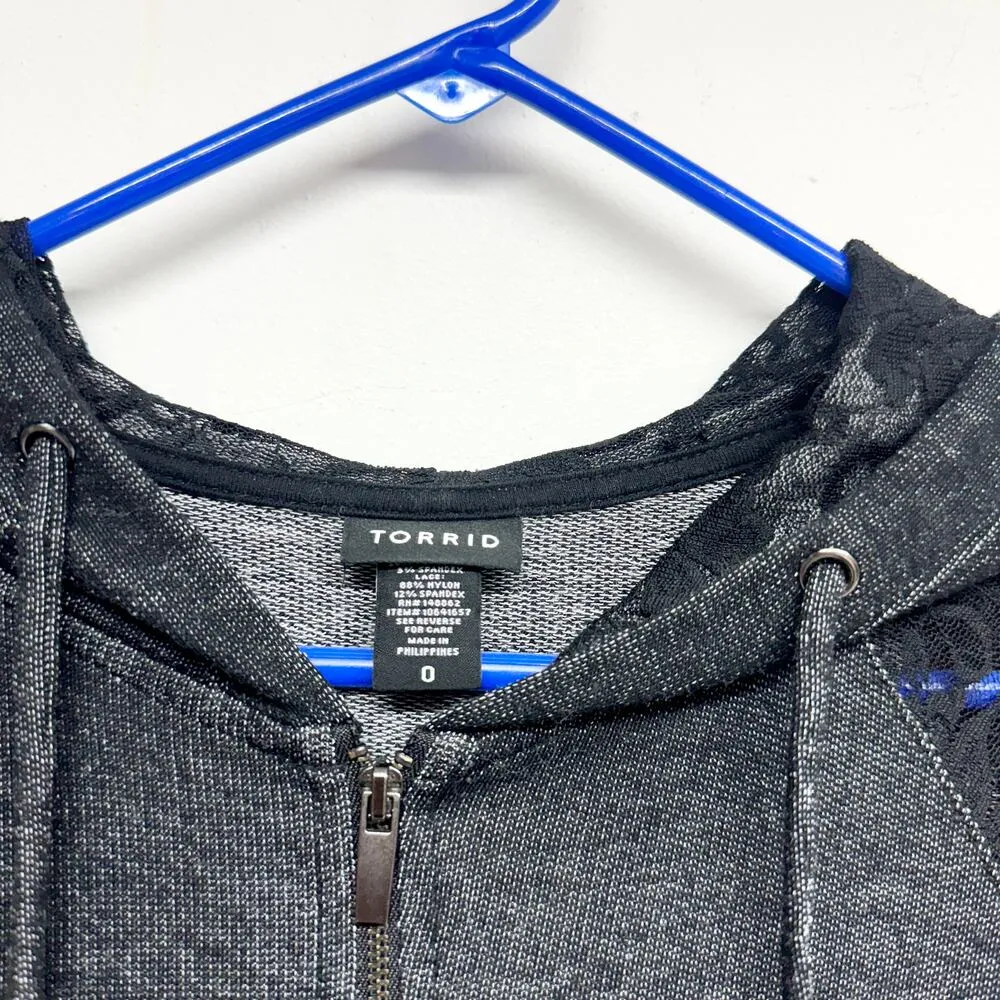 Torrid Women Black Zip Up Hooded Lace Sleeved Lightweight Cotton Jacket 0 Large - Image 2