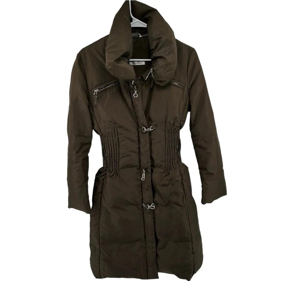 MaxMara Clasp Parka Jacket Winter Goose Down Puffer Mid Length Ruched Brown 8 - Image 2
