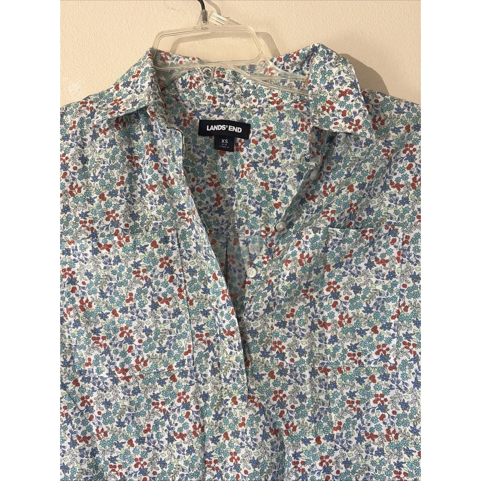 Lands End Cotton‎ Linen Floral Flower Pocket Popover Blouse Shirt Womens XS 2-4 - Image 3