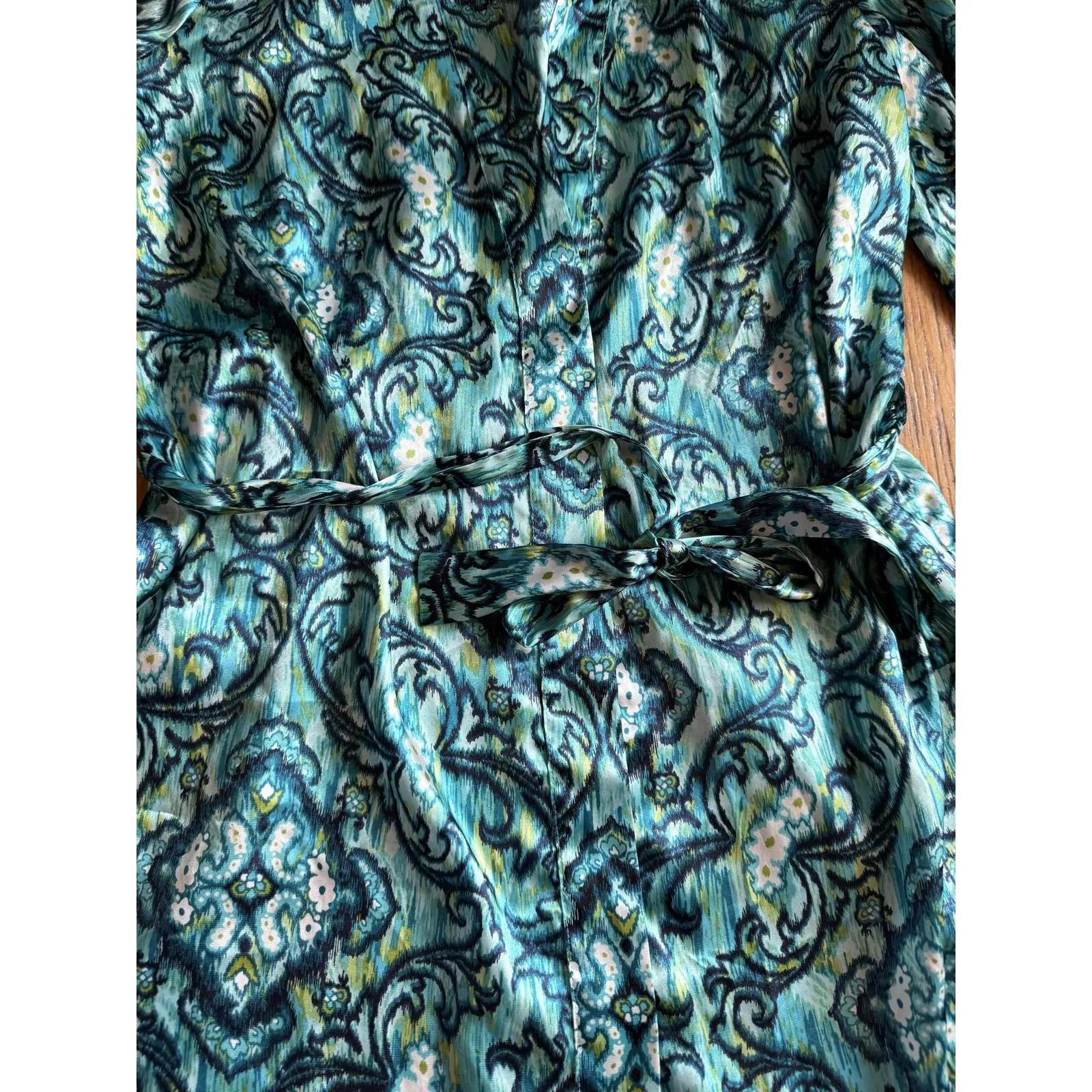 Liz Claiborne Robe Womens Small Blue Green Belted Tunic Paisley Satin Kimono - Image 3