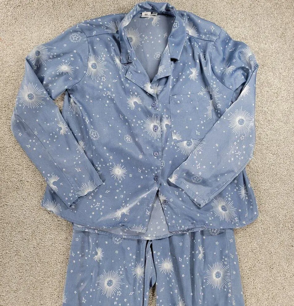 BP Celestial Pajamas Set Womens XS Blue White Sun Stars Moon Pants Button Top - Image 3