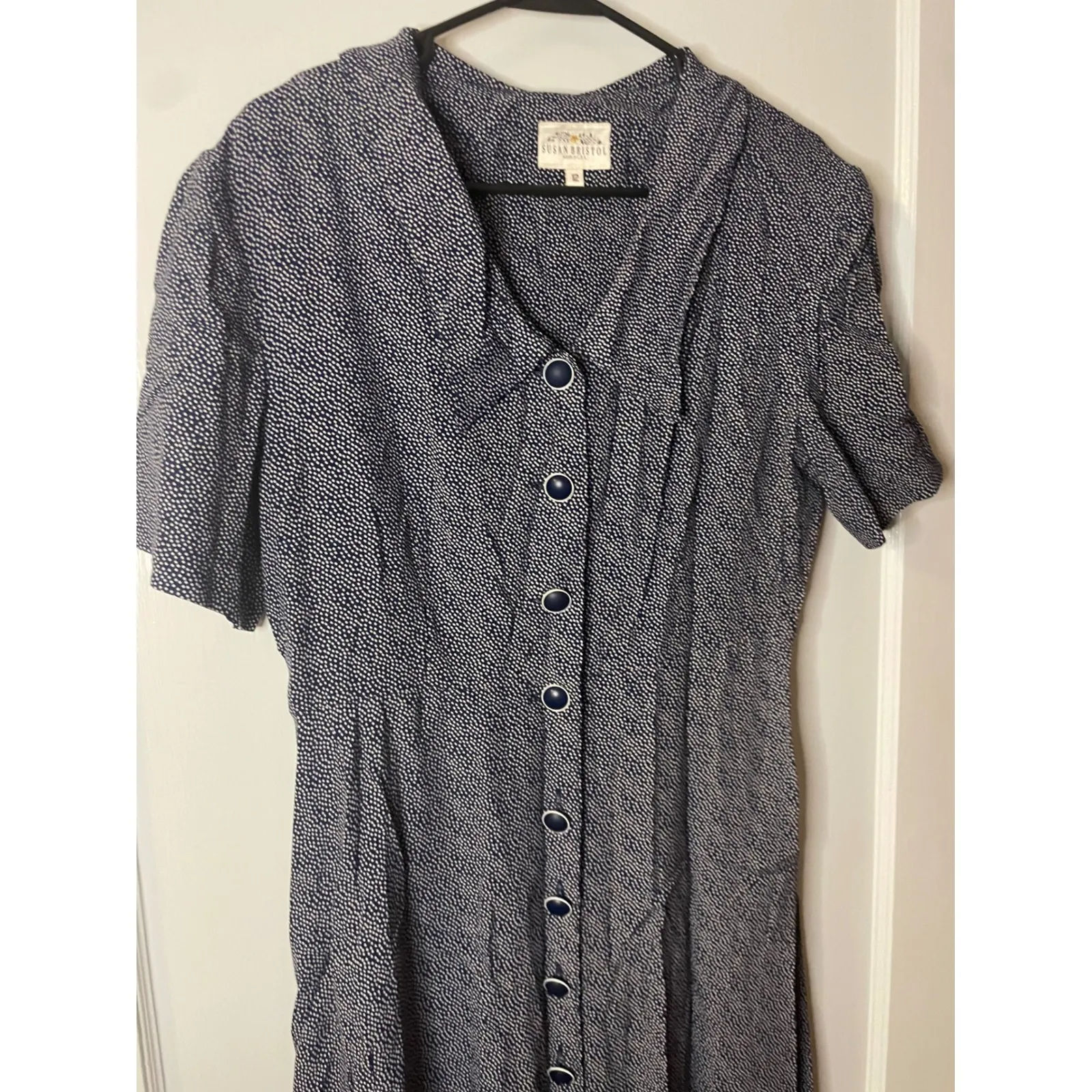 Susan Bristol Vintage 90s Midi Dress Blue White Polka Dot Button Down Size 12 - Image 2