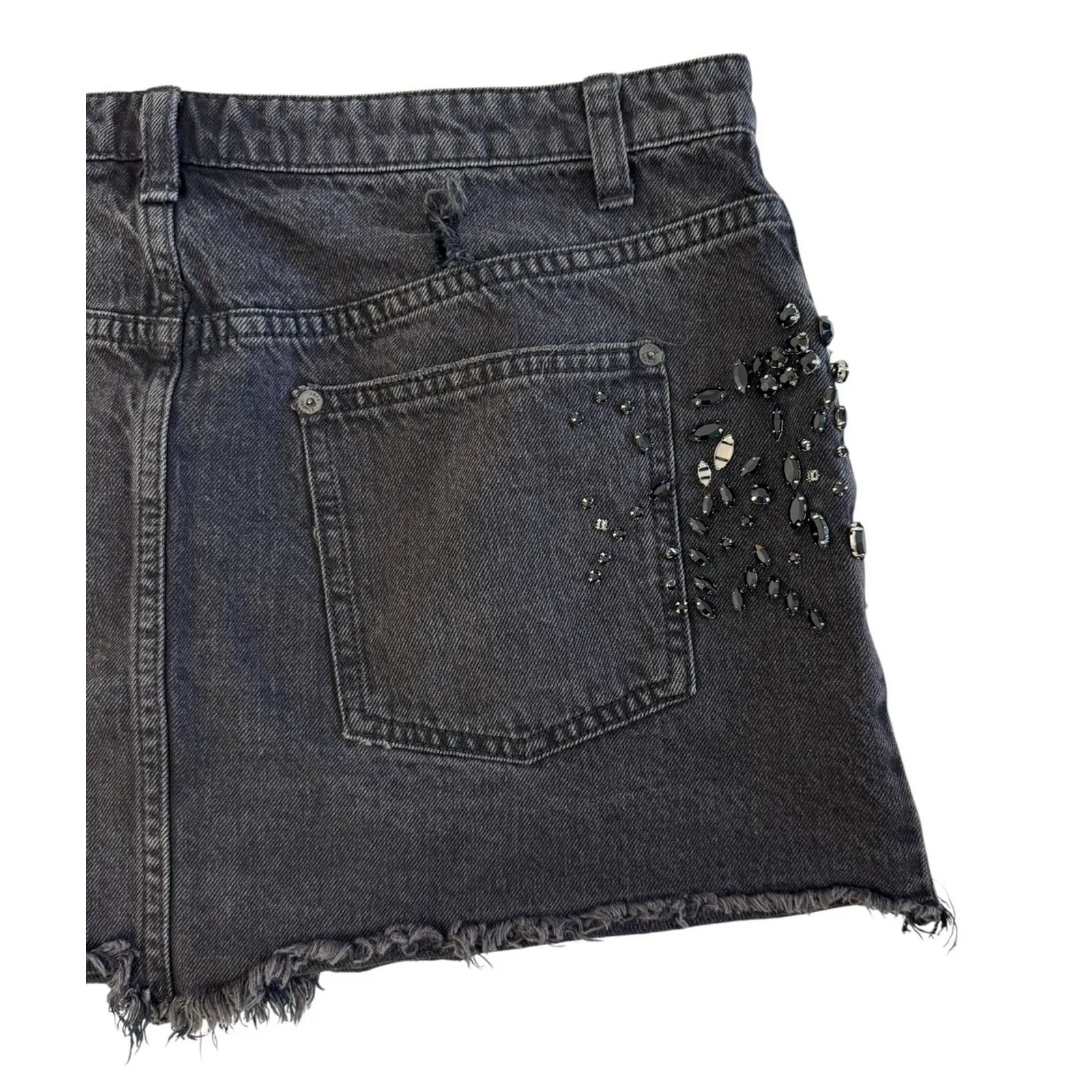 FREE PEOPLE Shine Bright Black Denim Mini Skirt Crystal Beaded Distressed Sz 12 - Image 7